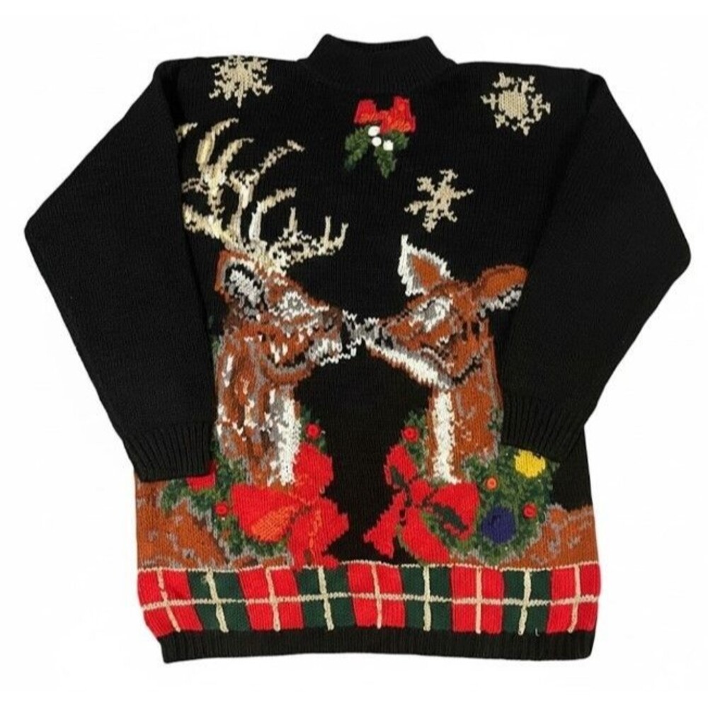 Vintage P' Galli Ugly Christmas Sweater L Womens Black Reindeer‎ Cottagecore